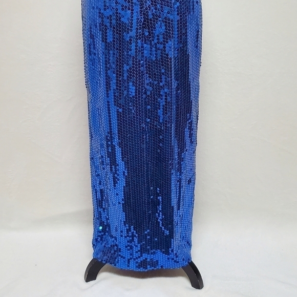 VINTAGE Alyce Designs Blue Silver Sequin Floral Bustier Side Slit Maxi Dress M - Picture 13 of 16